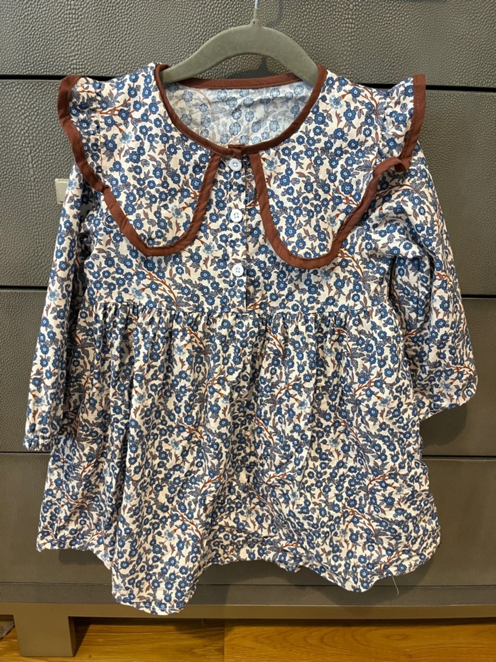 Girls Blue Floral Long-Sleeve Dress with Brown Trim